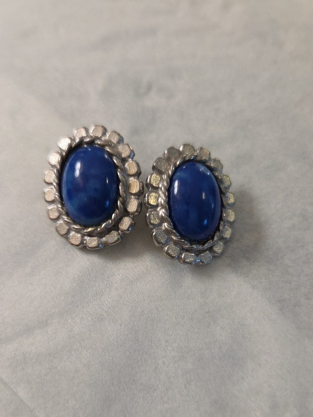 Sterling-Style Silver Clip On Earrings with Blue Oval Stone